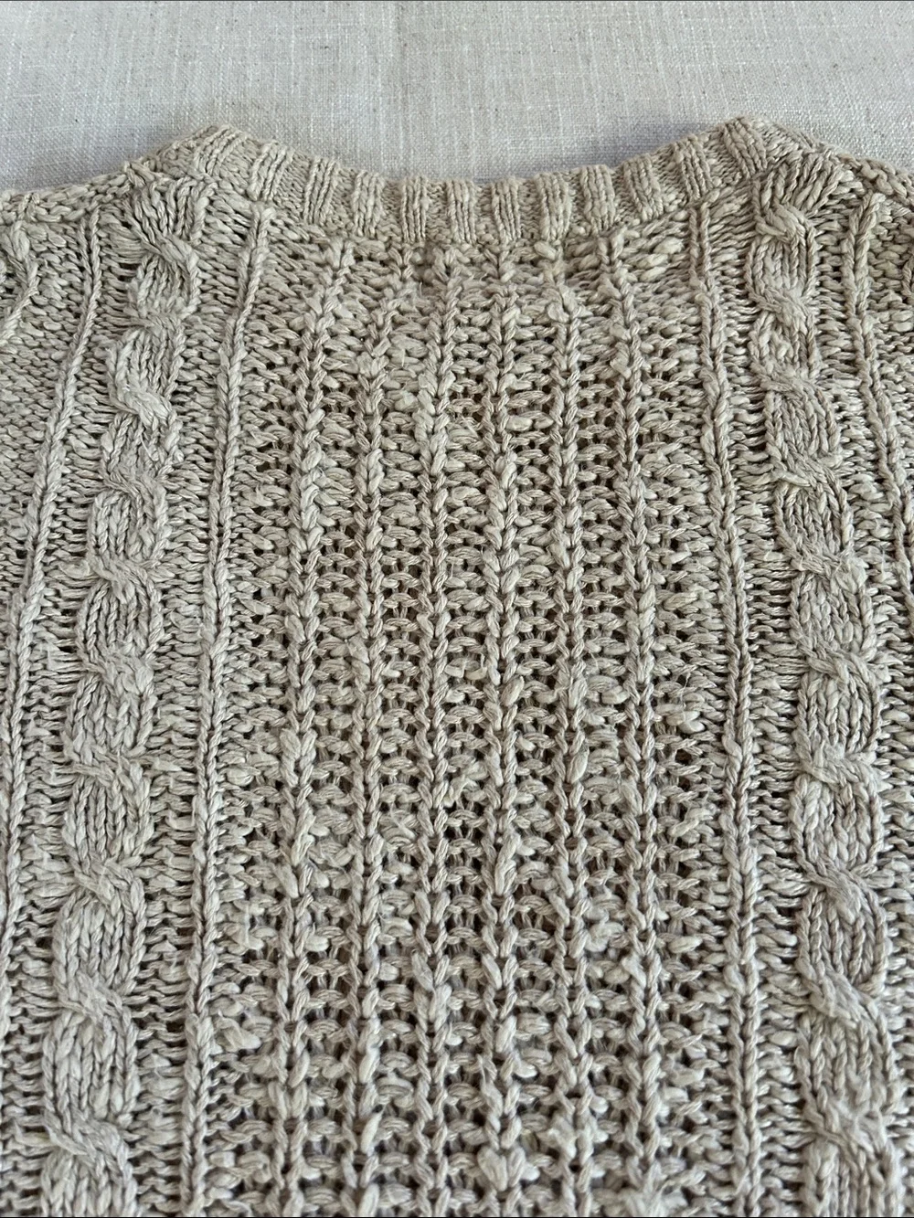Vintage Banana Republic Sweater Linen/Cotton Cable Knit Medium Oatmeal Fisherman - Picture 9 of 13
